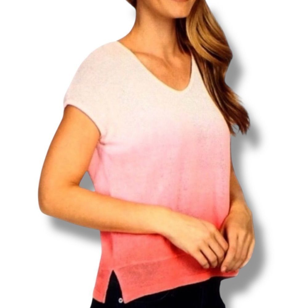 V Neck Short Sleeve White Pink Gradient Lightweight Knit Sweater Top by Mododoc